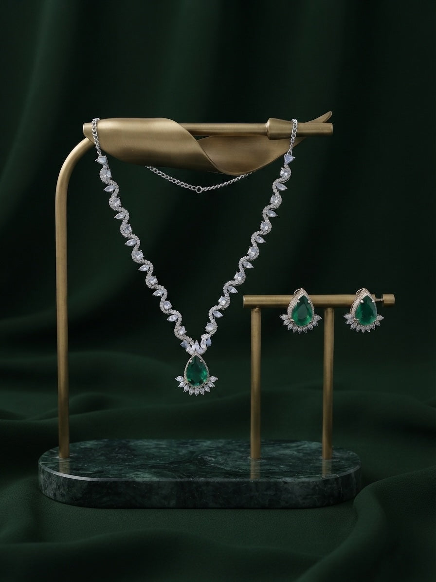 Green & Silver-Toned American Diamond Necklace and Earrings Set