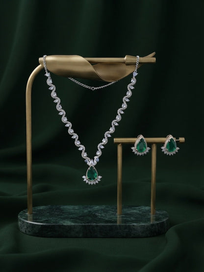 Green & Silver-Toned American Diamond Necklace and Earrings Set