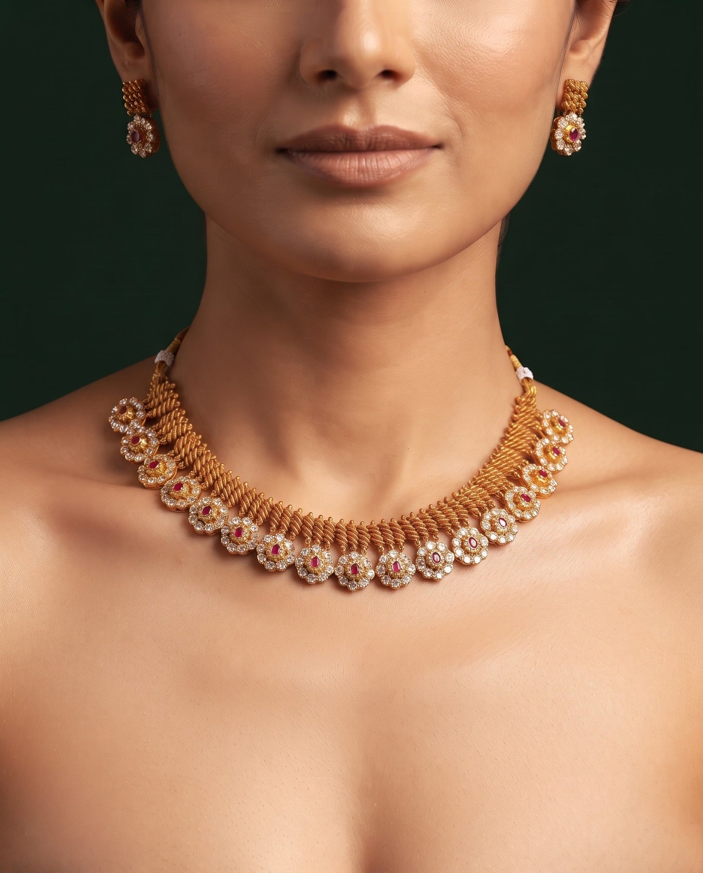 Gold-Toned Floral Necklace & Earrings Jewellery Set