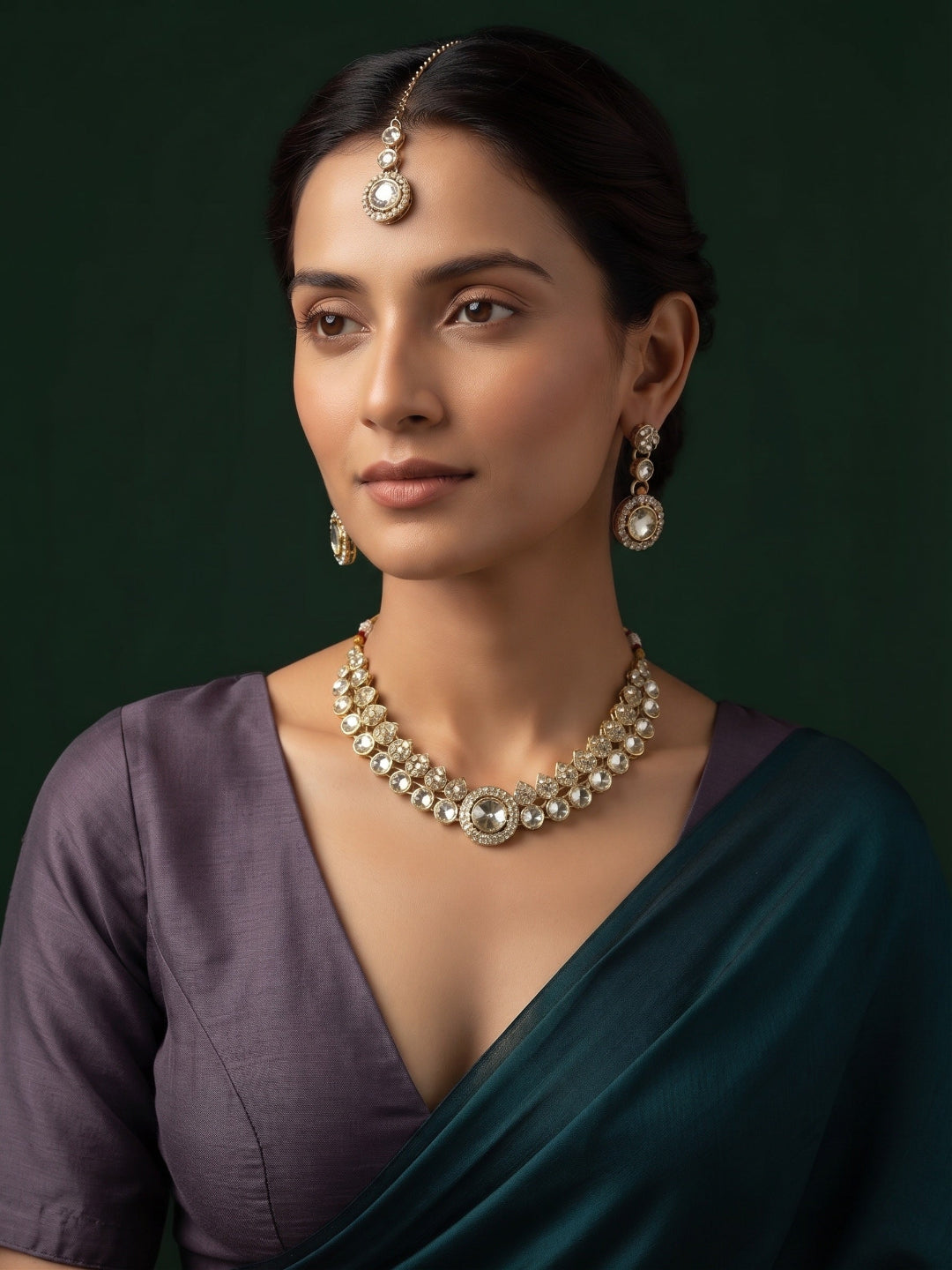 Gold Plated Kundan Beaded Jewellery Set With Mang Tikka