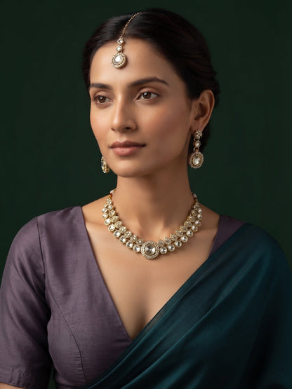 Gold Plated Kundan Beaded Jewellery Set With Mang Tikka