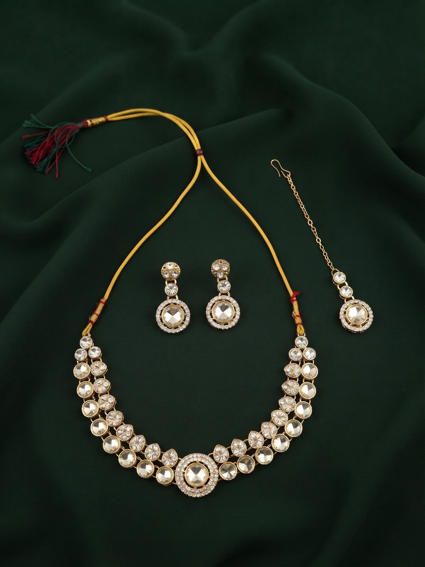 Gold Plated Kundan Beaded Jewellery Set With Mang Tikka