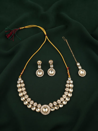Gold Plated Kundan Beaded Jewellery Set With Mang Tikka