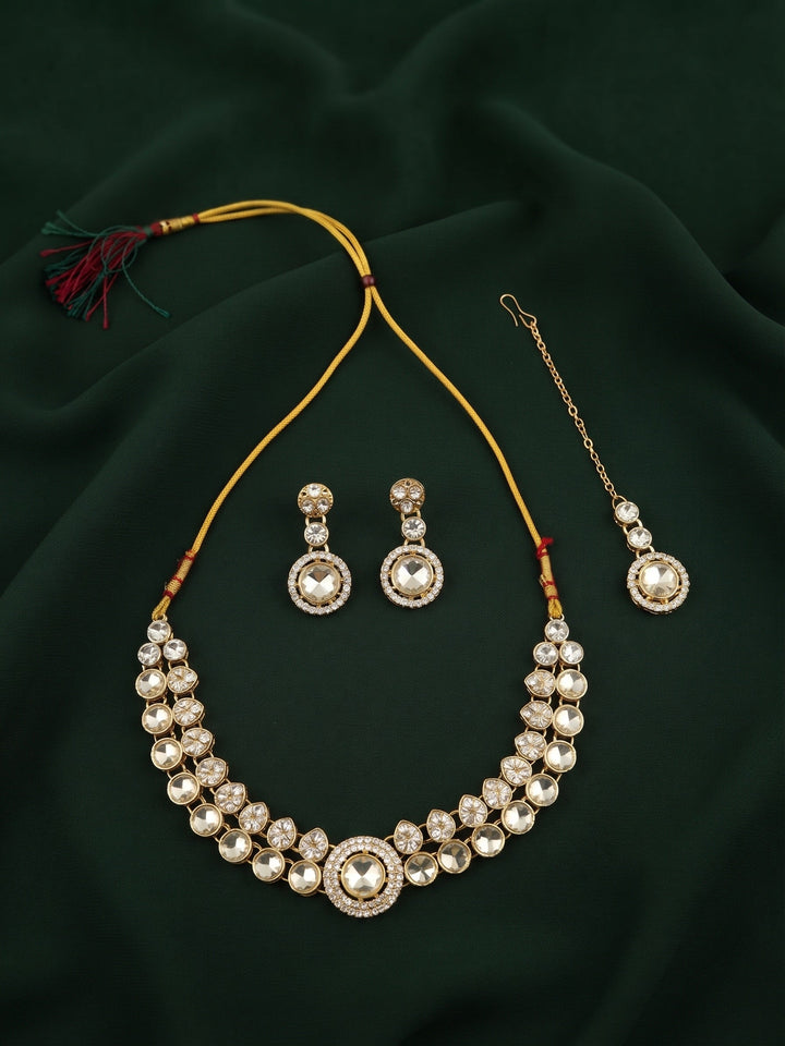 Gold Plated Kundan Beaded Jewellery Set With Mang Tikka