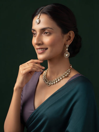 Gold Plated Kundan Beaded Jewellery Set With Mang Tikka