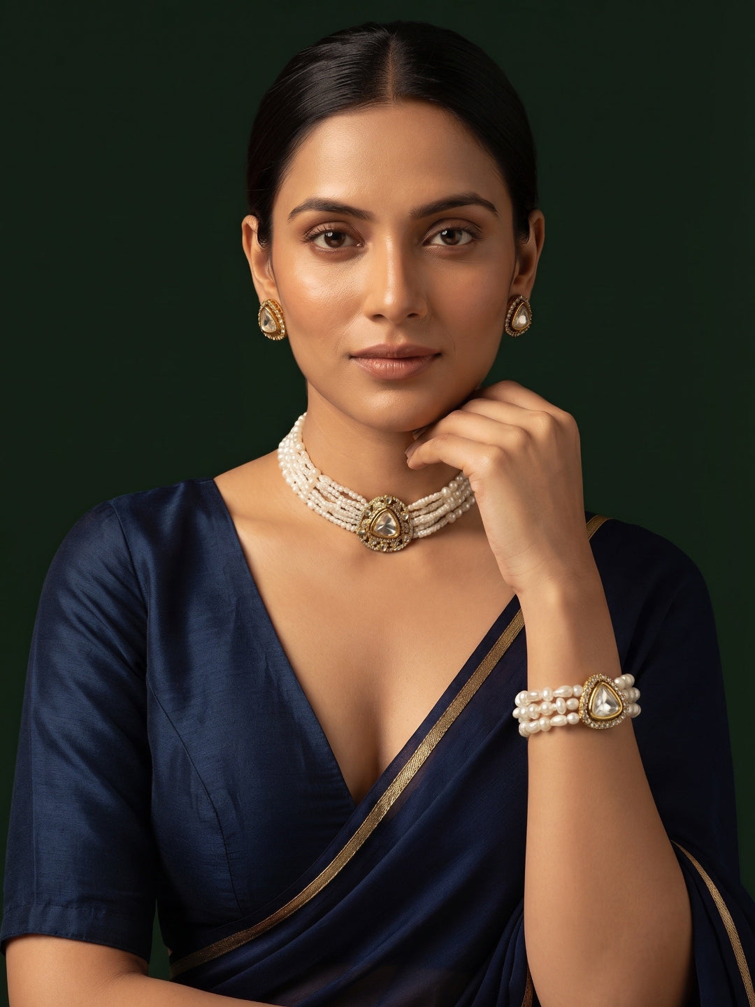 Beautiful White Pearls Statement Jewellery Set with Bracelete