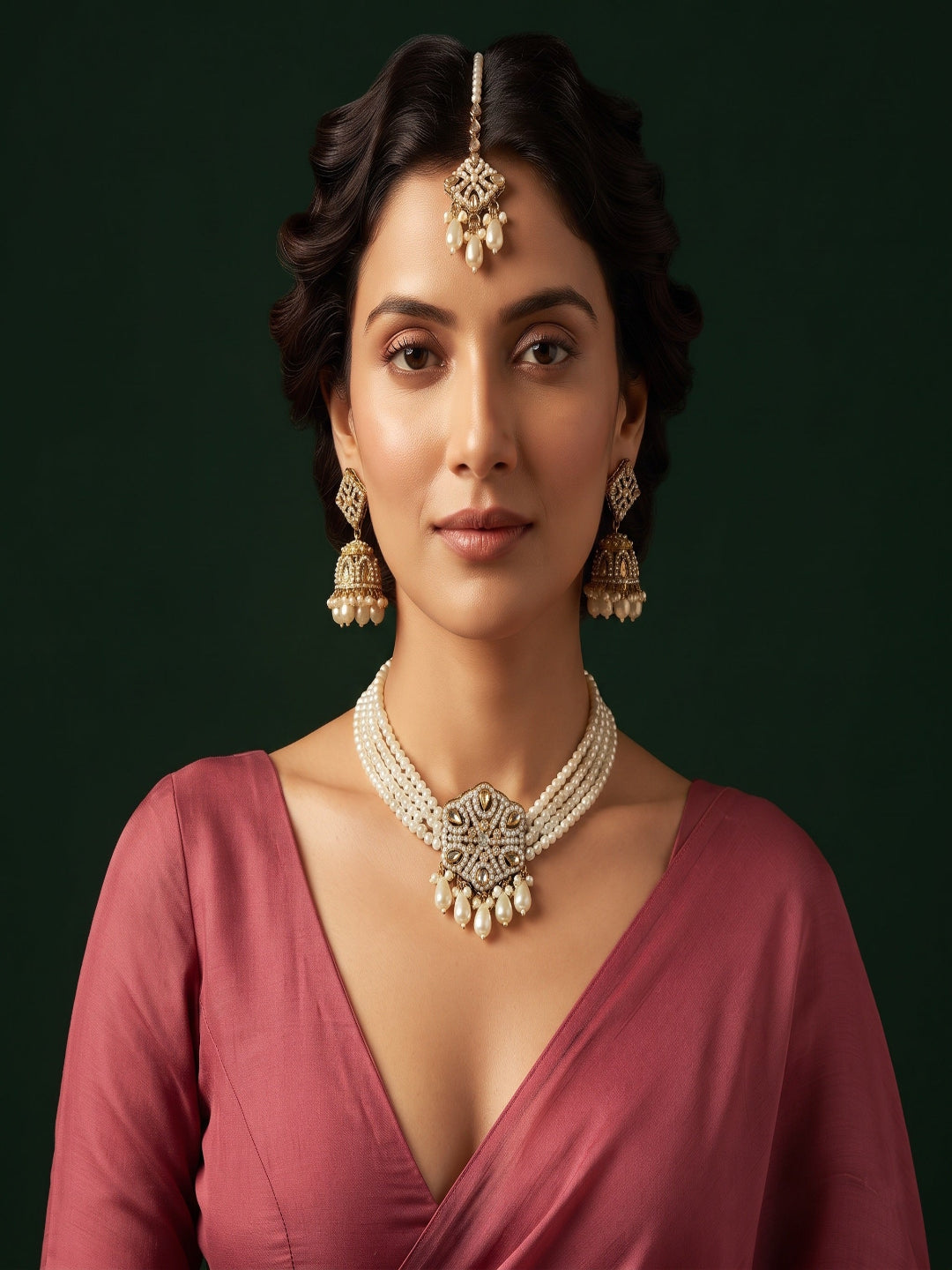 Gold Plated Kundan Beaded Jewellery Set With Mang Tikka