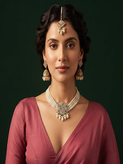 Gold Plated Kundan Beaded Jewellery Set With Mang Tikka