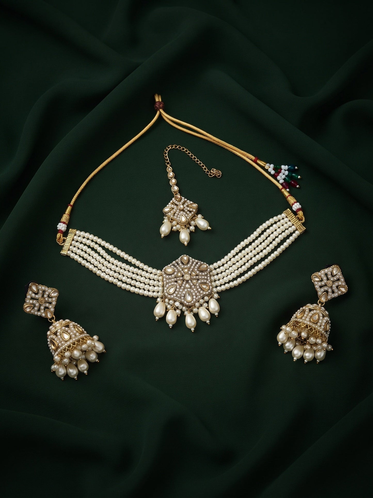 Gold Plated Kundan Beaded Jewellery Set With Mang Tikka