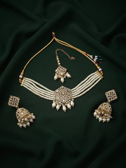 Gold Plated Kundan Beaded Jewellery Set With Mang Tikka
