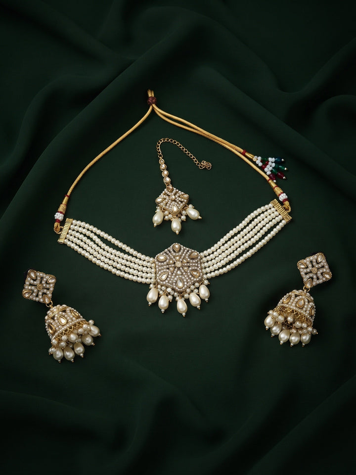 Gold Plated Kundan Beaded Jewellery Set With Mang Tikka