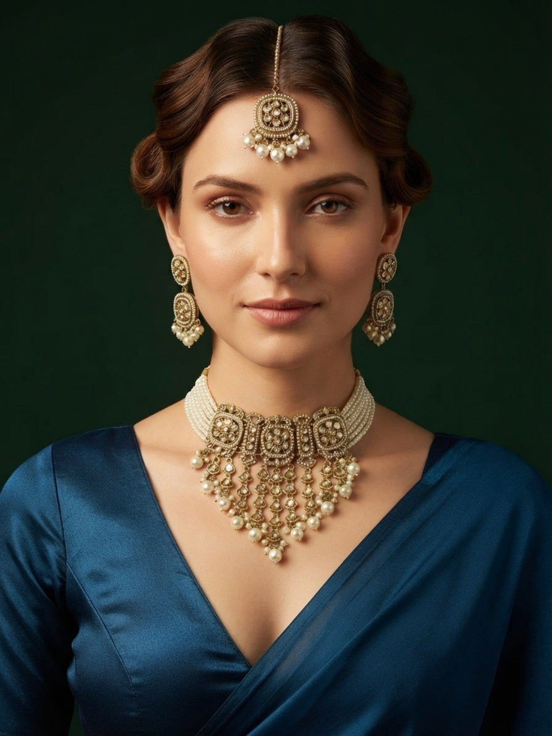 Gold Plated Kundan Beaded Jewellery Set With Mang Tikka