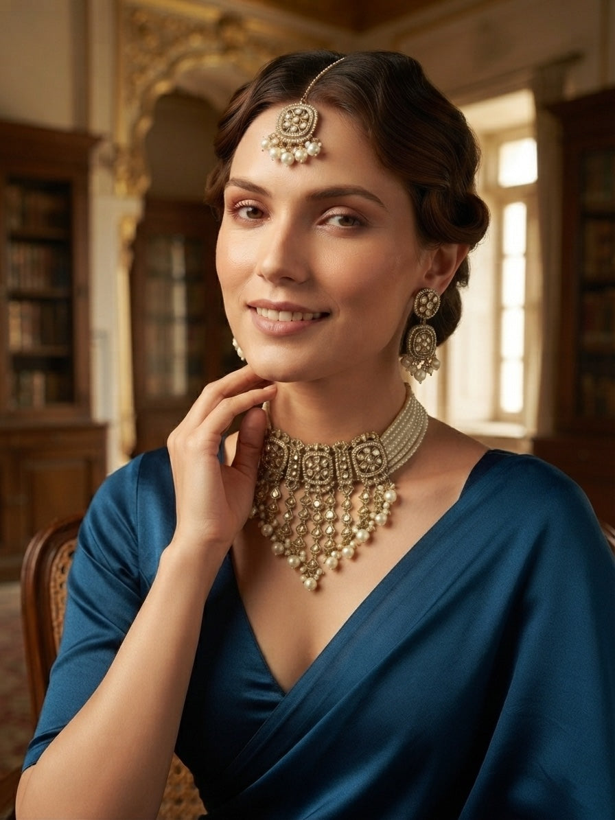 Gold Plated Kundan Beaded Jewellery Set With Mang Tikka