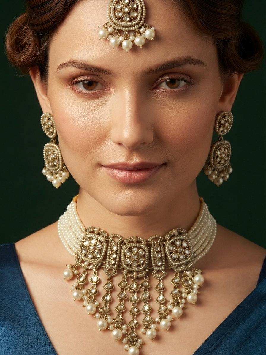 Gold Plated Kundan Beaded Jewellery Set With Mang Tikka