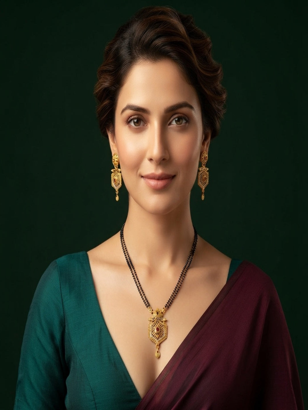 Premium Gold-Toned Zircon AD Stone Mangalsutra With Matching Earrings