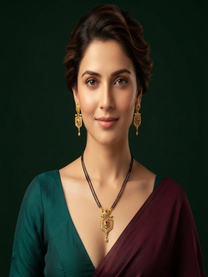 Premium Gold-Toned Zircon AD Stone Mangalsutra With Matching Earrings