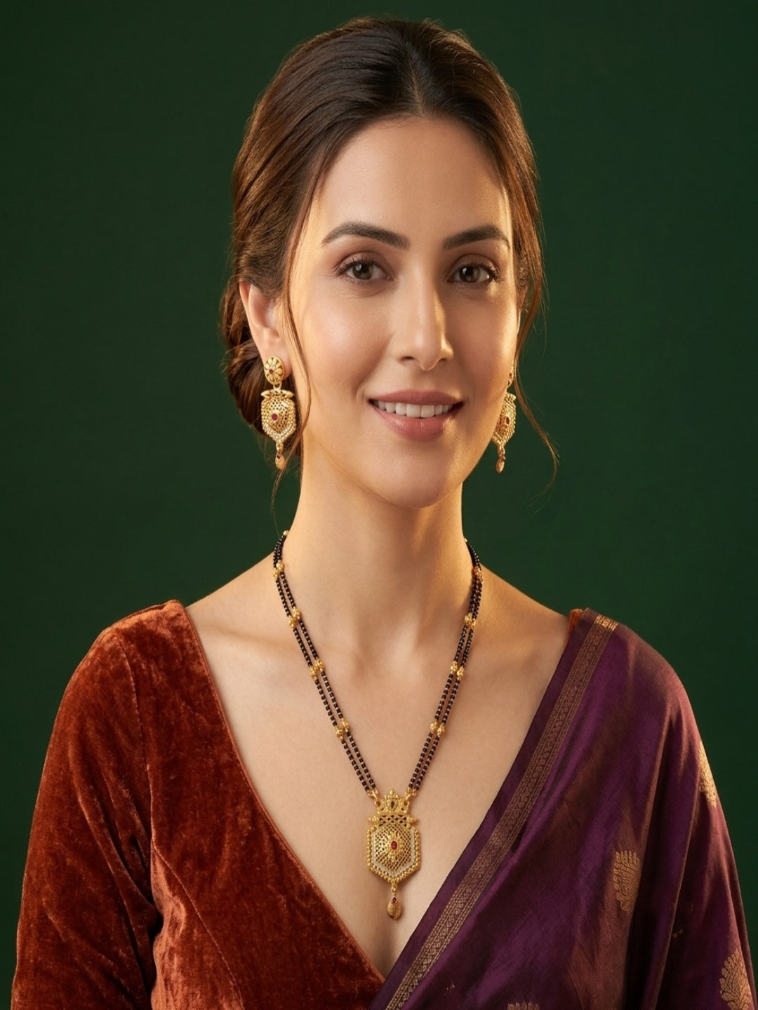 Premium Gold-Toned Zircon AD Stone Mangalsutra With Matching Earrings