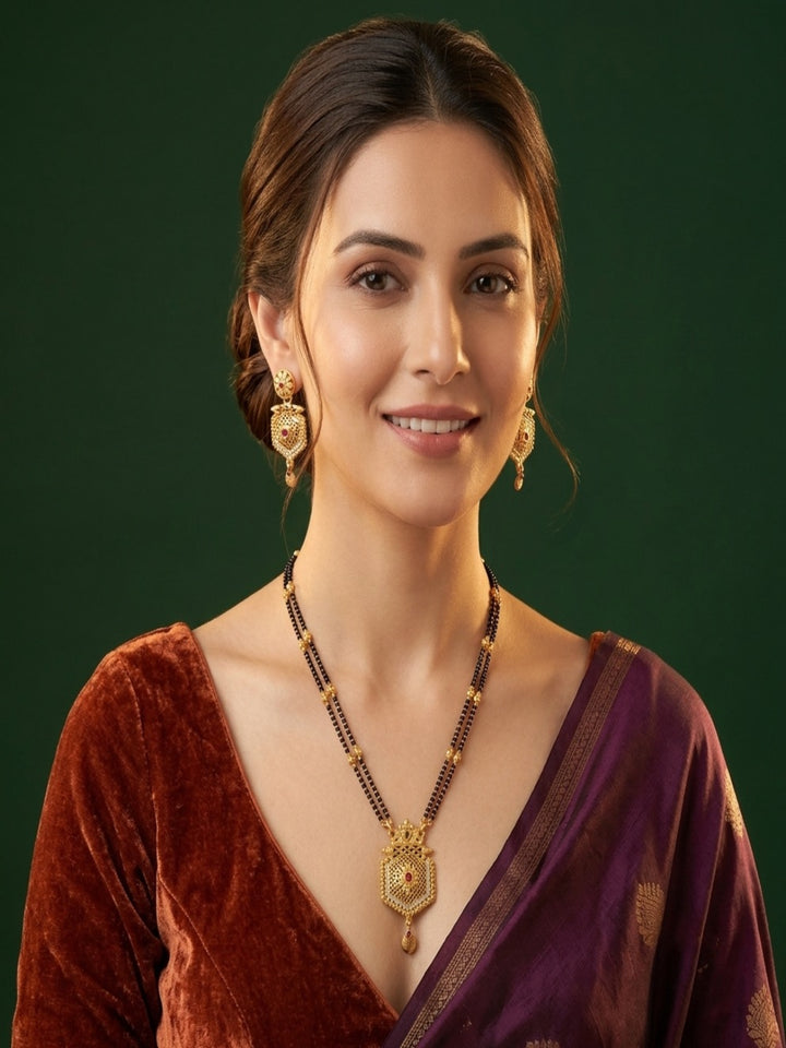 Premium Gold-Toned Zircon AD Stone Mangalsutra With Matching Earrings