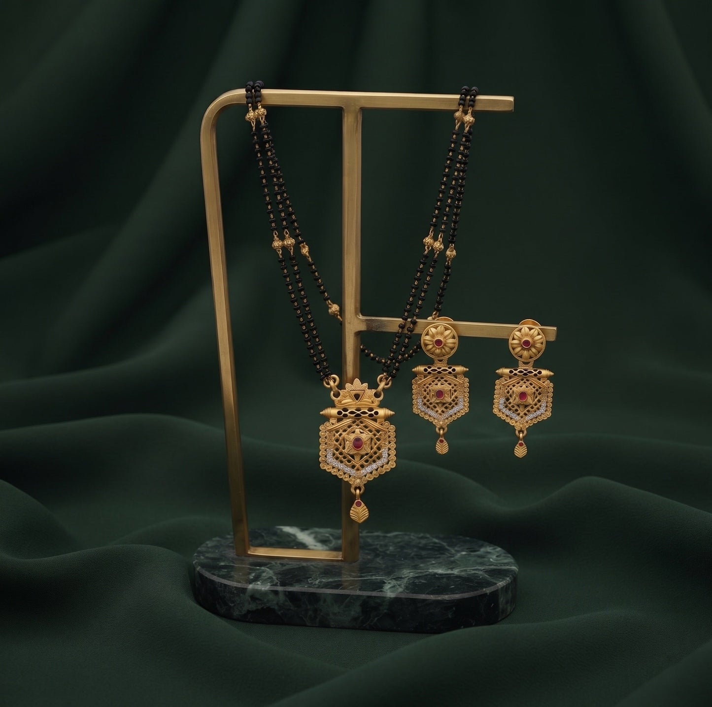 Premium Gold-Toned Zircon AD Stone Mangalsutra With Matching Earrings
