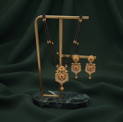 Premium Gold-Toned Zircon AD Stone Mangalsutra With Matching Earrings