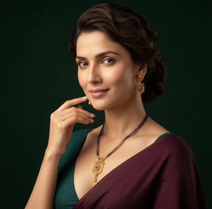 Premium Gold-Toned Zircon AD Stone Mangalsutra With Matching Earrings