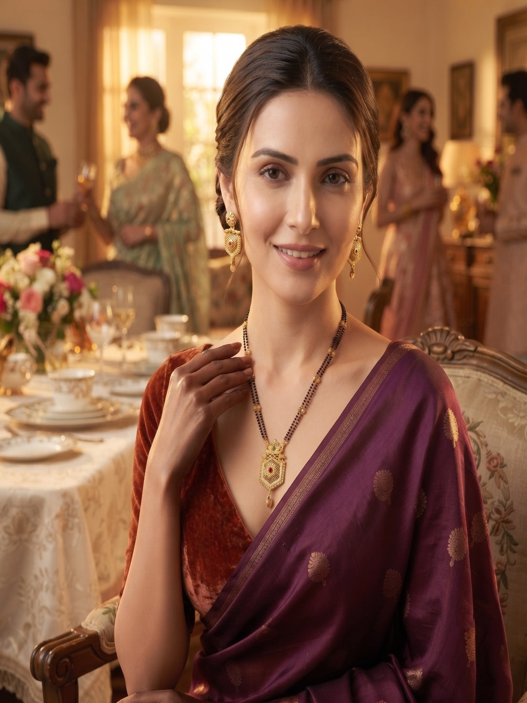 Premium Gold-Toned Zircon AD Stone Mangalsutra With Matching Earrings