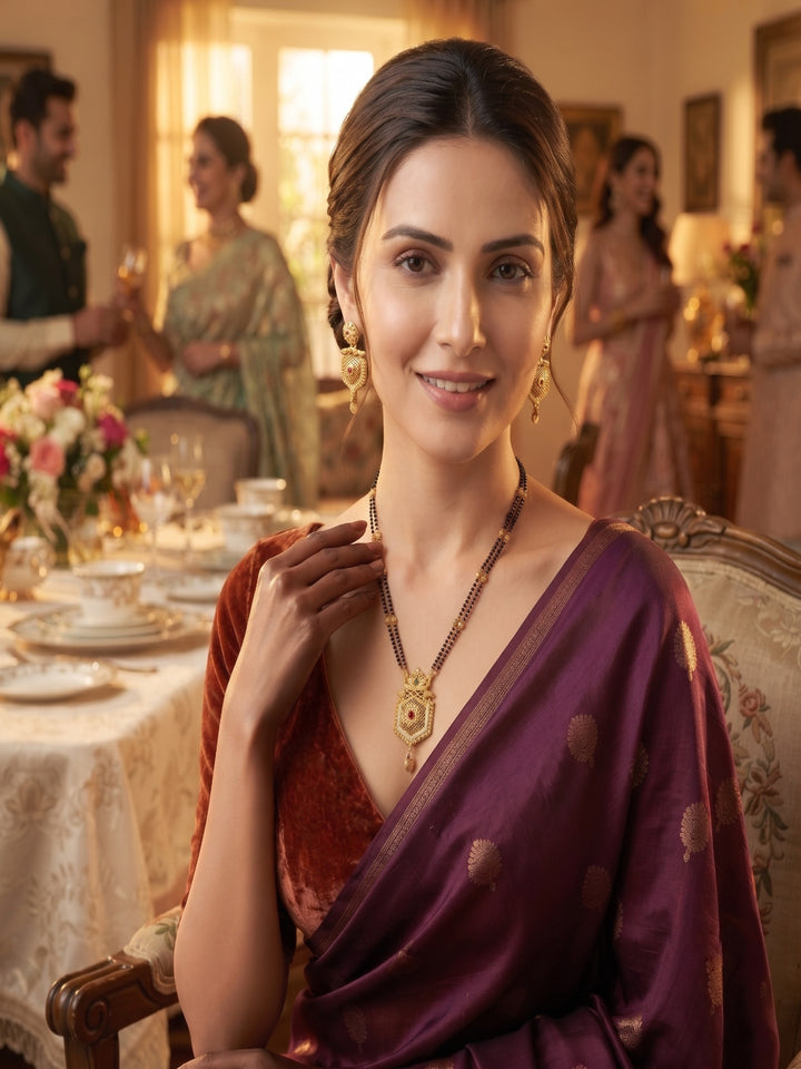 Premium Gold-Toned Zircon AD Stone Mangalsutra With Matching Earrings