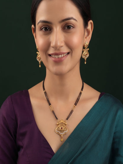 Premium Gold-Toned Zircon AD Stone Mangalsutra With Matching Earrings