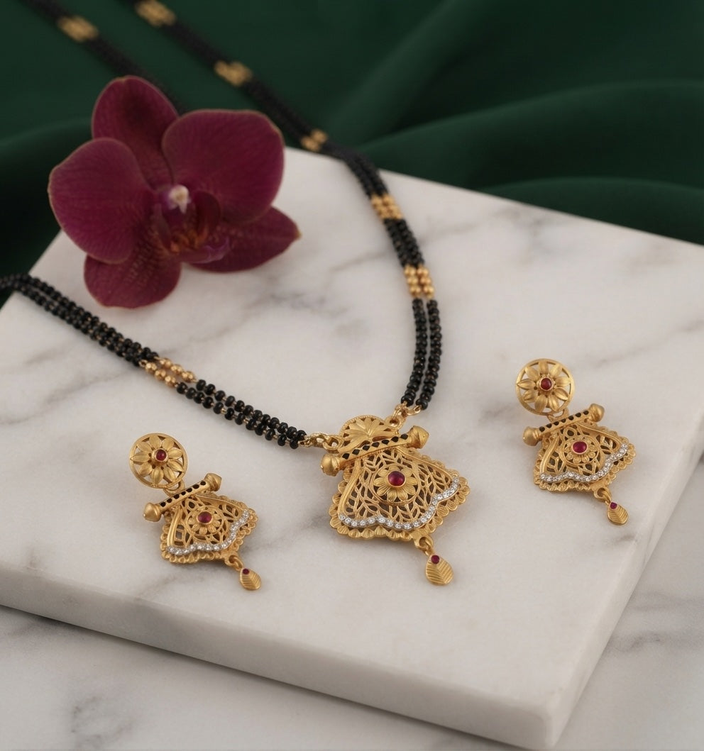 Premium Gold-Toned Zircon AD Stone Mangalsutra With Matching Earrings
