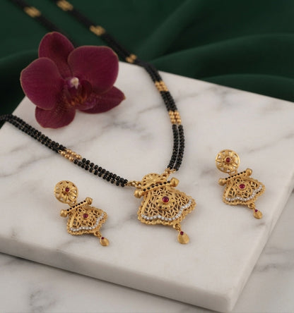 Premium Gold-Toned Zircon AD Stone Mangalsutra With Matching Earrings