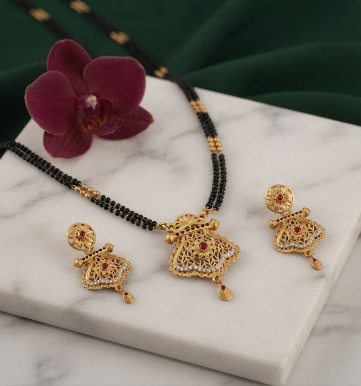 Premium Gold-Toned Zircon AD Stone Mangalsutra With Matching Earrings