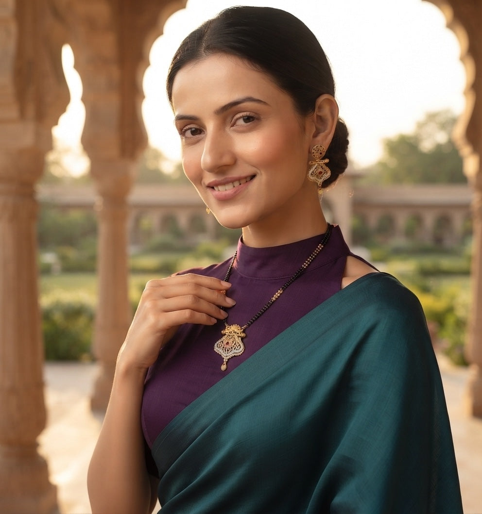 Premium Gold-Toned Zircon AD Stone Mangalsutra With Matching Earrings
