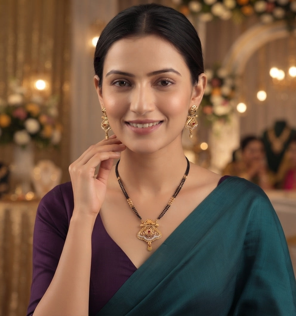 Premium Gold-Toned Zircon AD Stone Mangalsutra With Matching Earrings