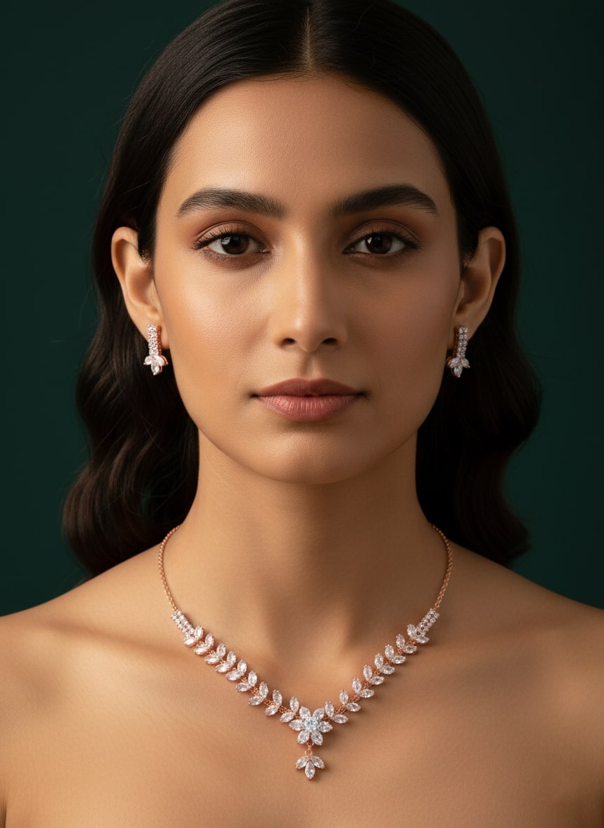 American Stone Leaf Design Necklace with Earring