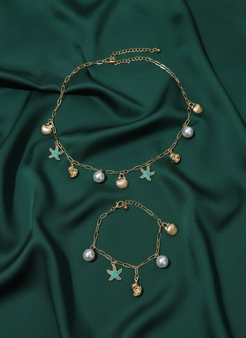Trendy Stars &amp; Pearls Necklace With Bracelet