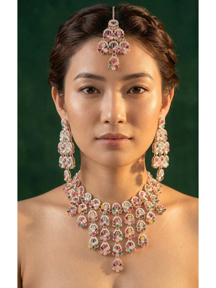 Rose Gold Plated Multicolor Stone Necklace With Earrings And Mang Tika