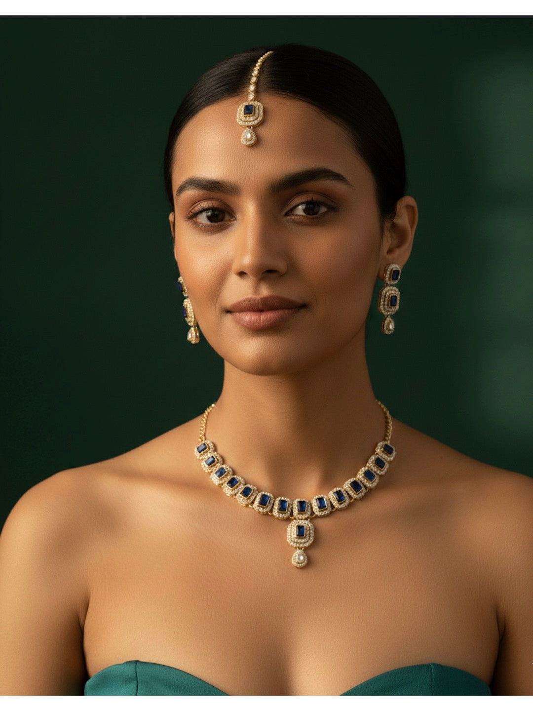 Emerald Kundan Necklace With Earings &amp; Mang Tika