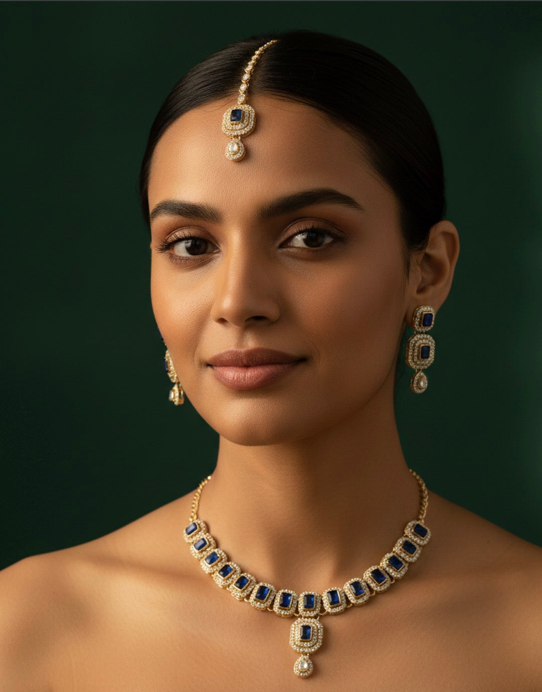 Emerald Kundan Necklace With Earings &amp; Mang Tika