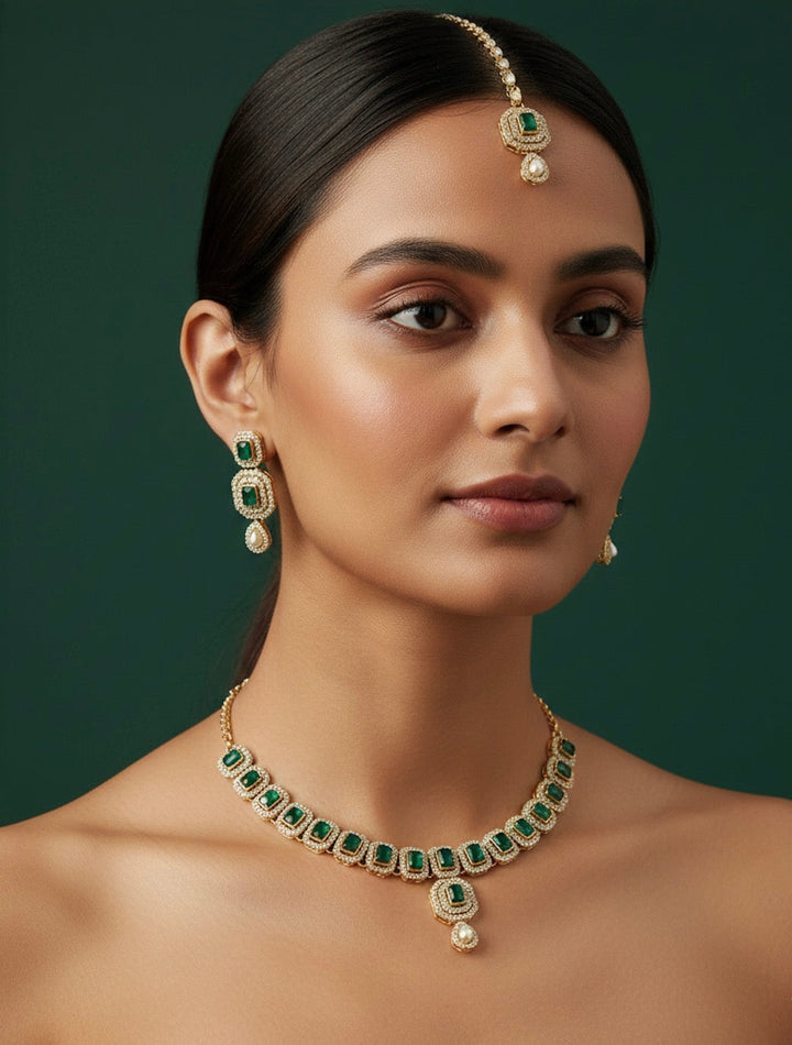 Emerald Kundan Necklace With Earings &amp; Mang Tika