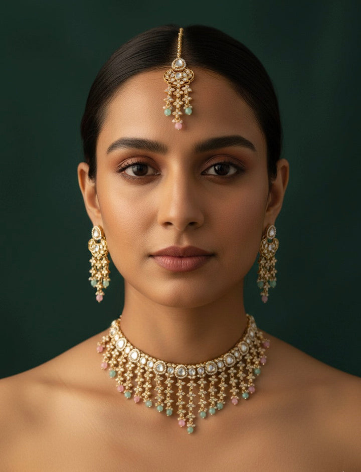 Fancy Emerald Kundan Necklace With Earings &amp; Mang Tika