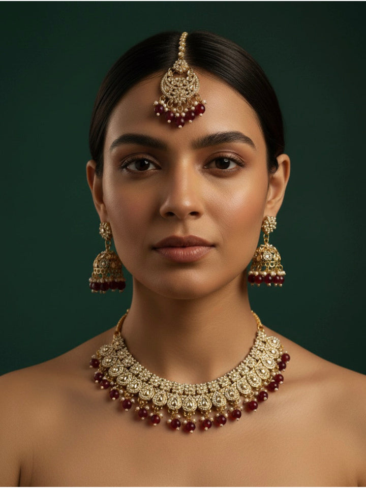 Cubic Zirconia Necklace With Jhumkas &amp; Mang Tika