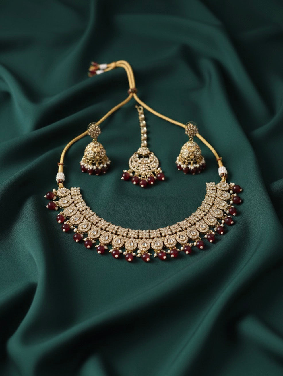 Cubic Zirconia Necklace With Jhumkas &amp; Mang Tika