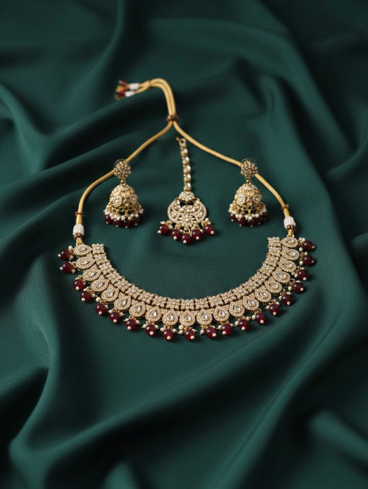 Cubic Zirconia Necklace With Jhumkas &amp; Mang Tika