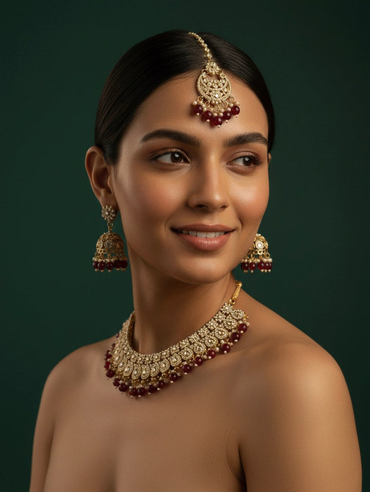 Cubic Zirconia Necklace With Jhumkas &amp; Mang Tika