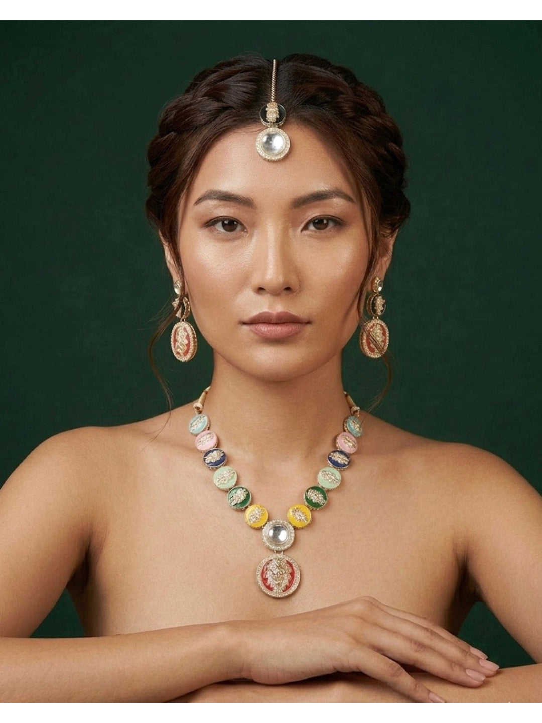 Women Gold-Plated Multicolour Enamelled Lion Motif Jewellery Set With Earring &amp; Mang Tika