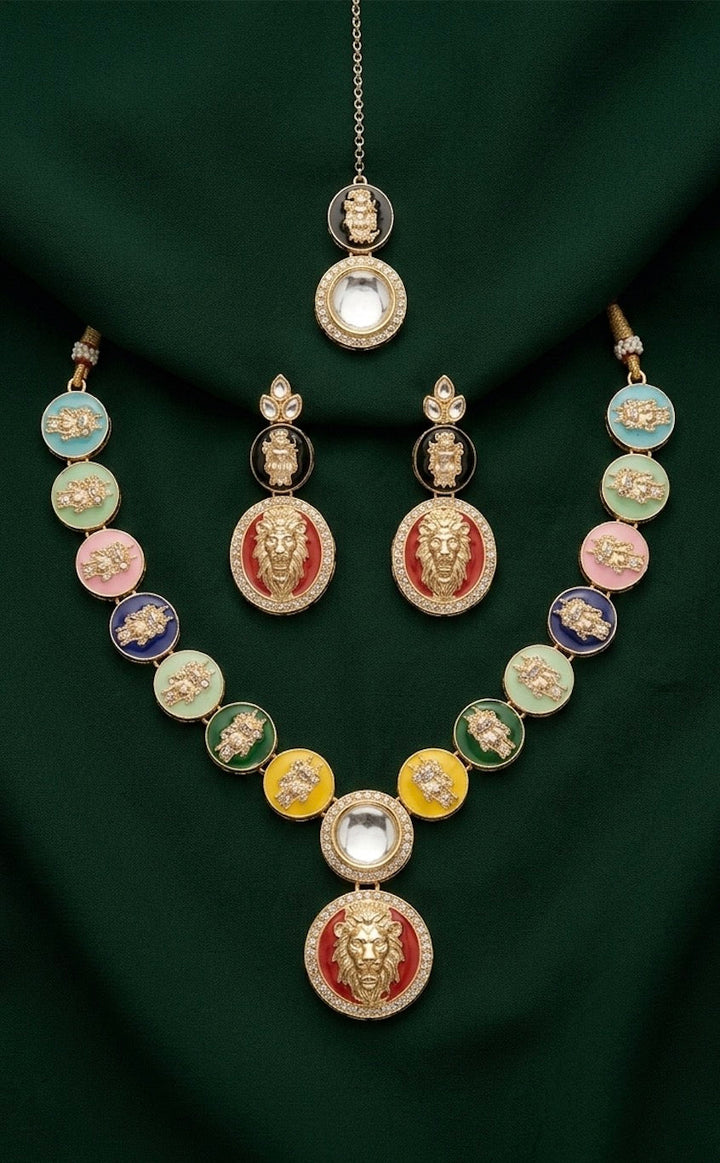 Women Gold-Plated Multicolour Enamelled Lion Motif Jewellery Set With Earring &amp; Mang Tika