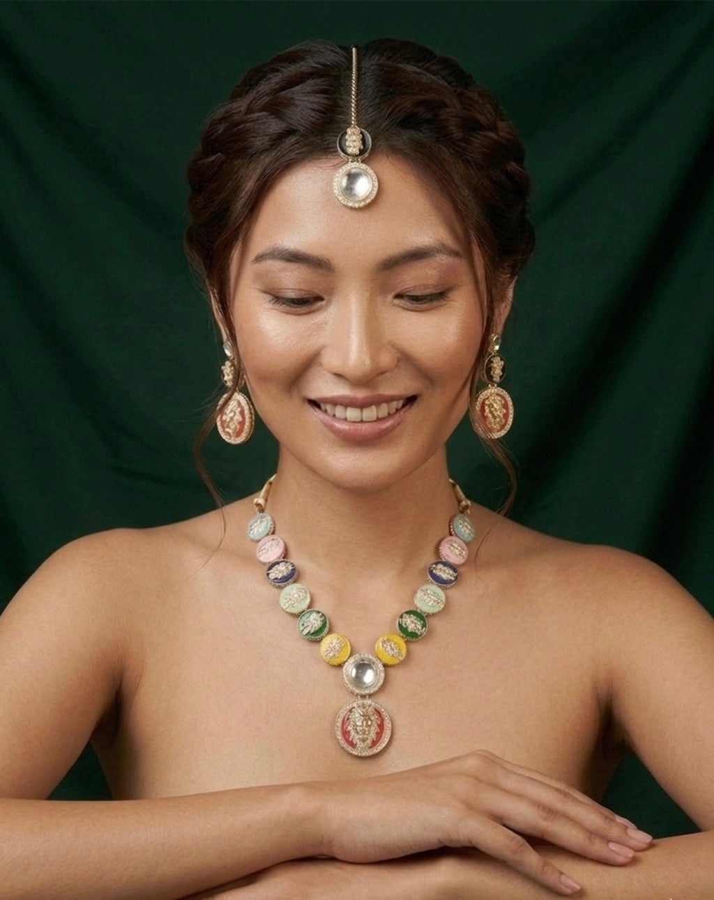 Women Gold-Plated Multicolour Enamelled Lion Motif Jewellery Set With Earring &amp; Mang Tika