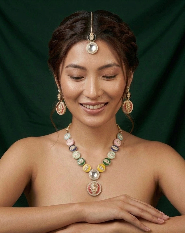 Women Gold-Plated Multicolour Enamelled Lion Motif Jewellery Set With Earring &amp; Mang Tika