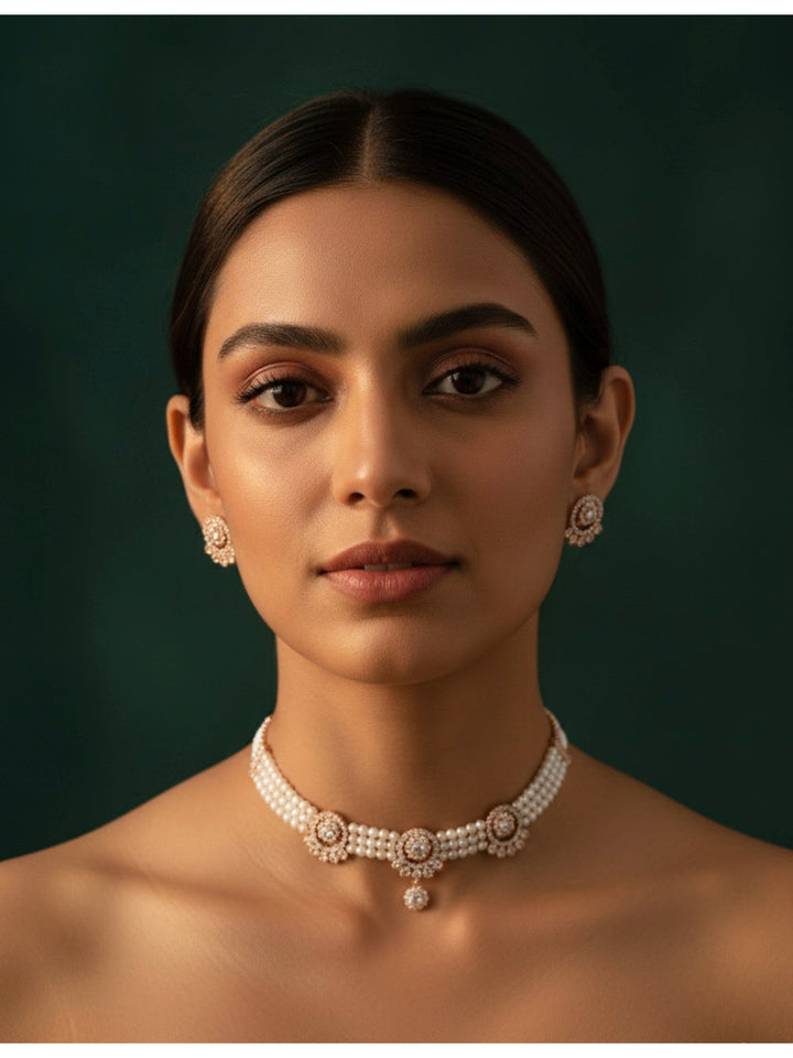 Beautiful Pearls &amp; Diamond Choker Necklace With Studs