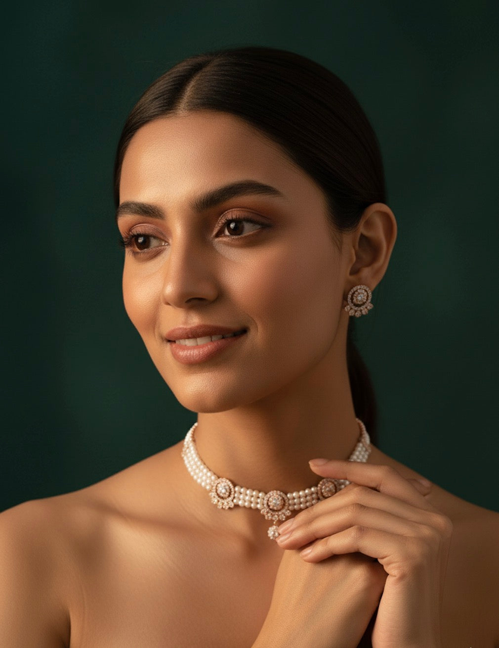 Beautiful Pearls &amp; Diamond Choker Necklace With Studs